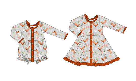 25.5.30 custom each style moq 5eta 4-6week Sibling Sisters boot floral baby girl long sleeve dress and rompers match family design