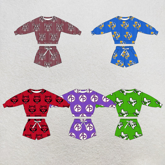 custom moq 5 mix size XY071508 Baby Kids Stripe Long Sleeve Top Drawstring Shorts Team Clothes Set
