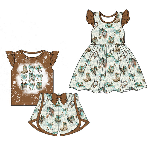 2.11 custom each style moq 5eta 4-6week Sibling Sister bow boots baby girl short sleeve shorts sets and dresses match design
