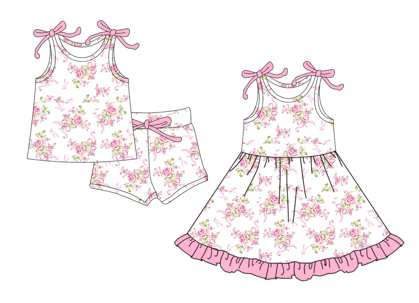 4.12 custom each style moq 5eta 4-6week Sibling Sister floral bow baby girl short sleeve shorts sets and dresses match design