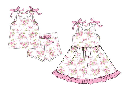 4.12 custom each style moq 5eta 4-6week Sibling Sister floral bow baby girl short sleeve shorts sets and dresses match design