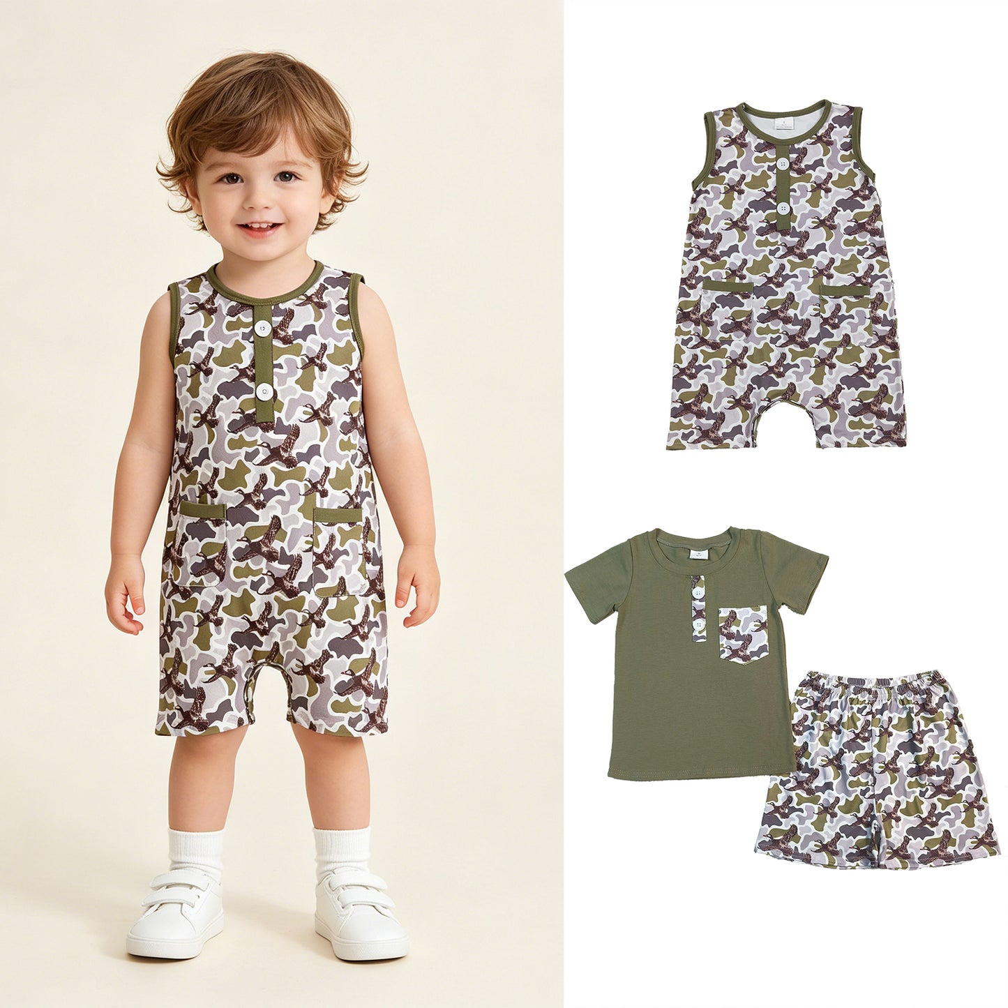 RTS NO MOQ Sibling milk silk Baby Boys Olive Button Pocket Top Ducks Camo Hunting Shorts Set Rompers