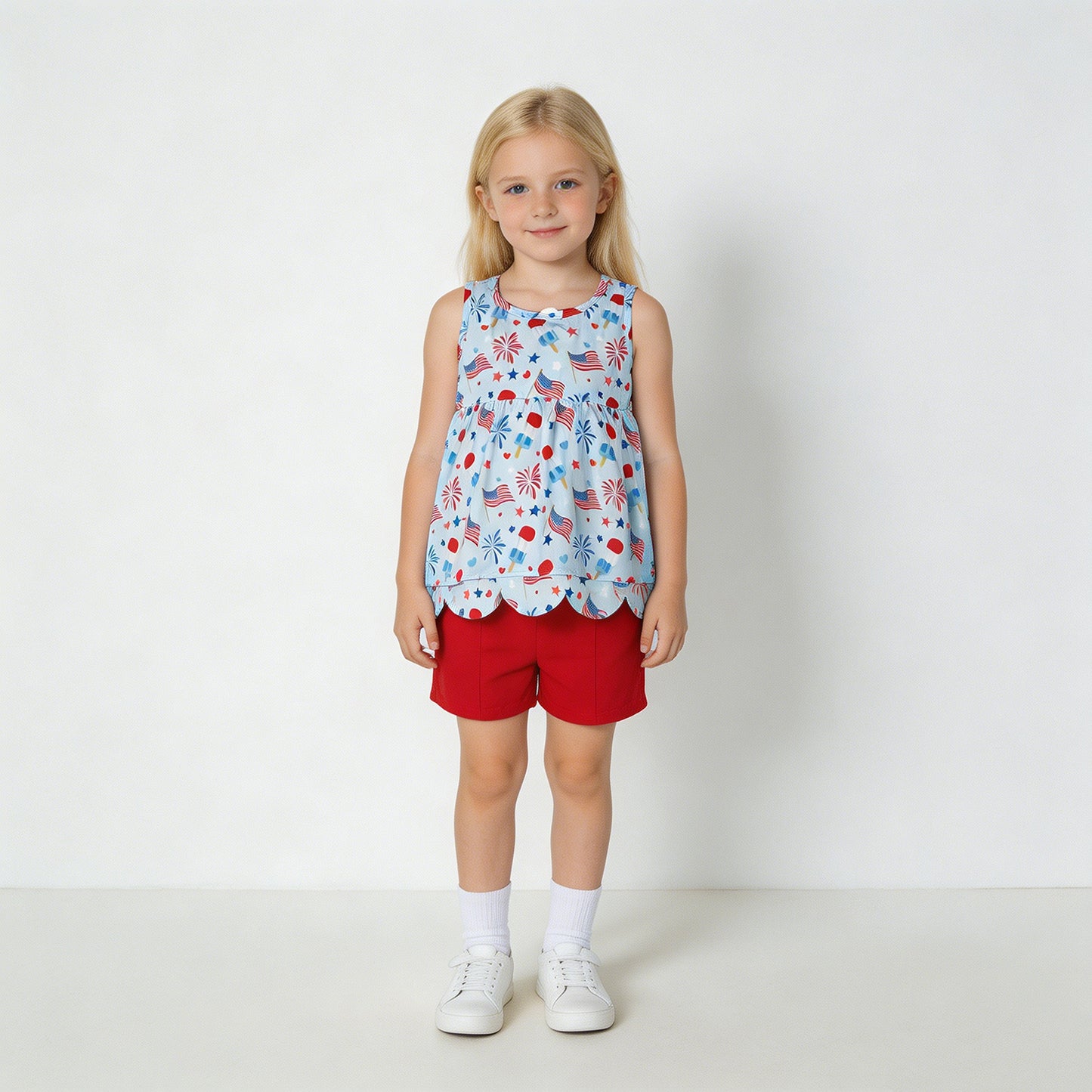 RTS NO MOQ milk silk GSSO3386 Baby Girls 4th of July Popsicle Flag Scallop Back Bow Set