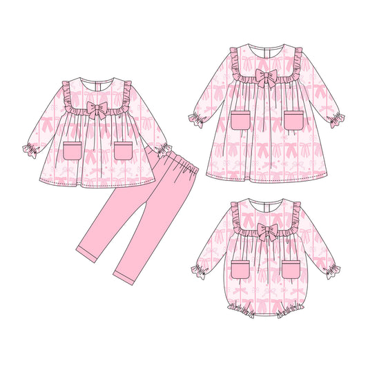 25.10.2 custom each style moq 8 eta 6-8week Sibling Sisters bow baby girl long sleeve pants sets and dress and rompers match family design