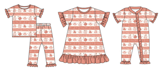 25.6.3 custom each style moq 5eta 4-6week Sibling Sisters pumpkin baby girl short sleeve pants sets and dress and rompers match family design