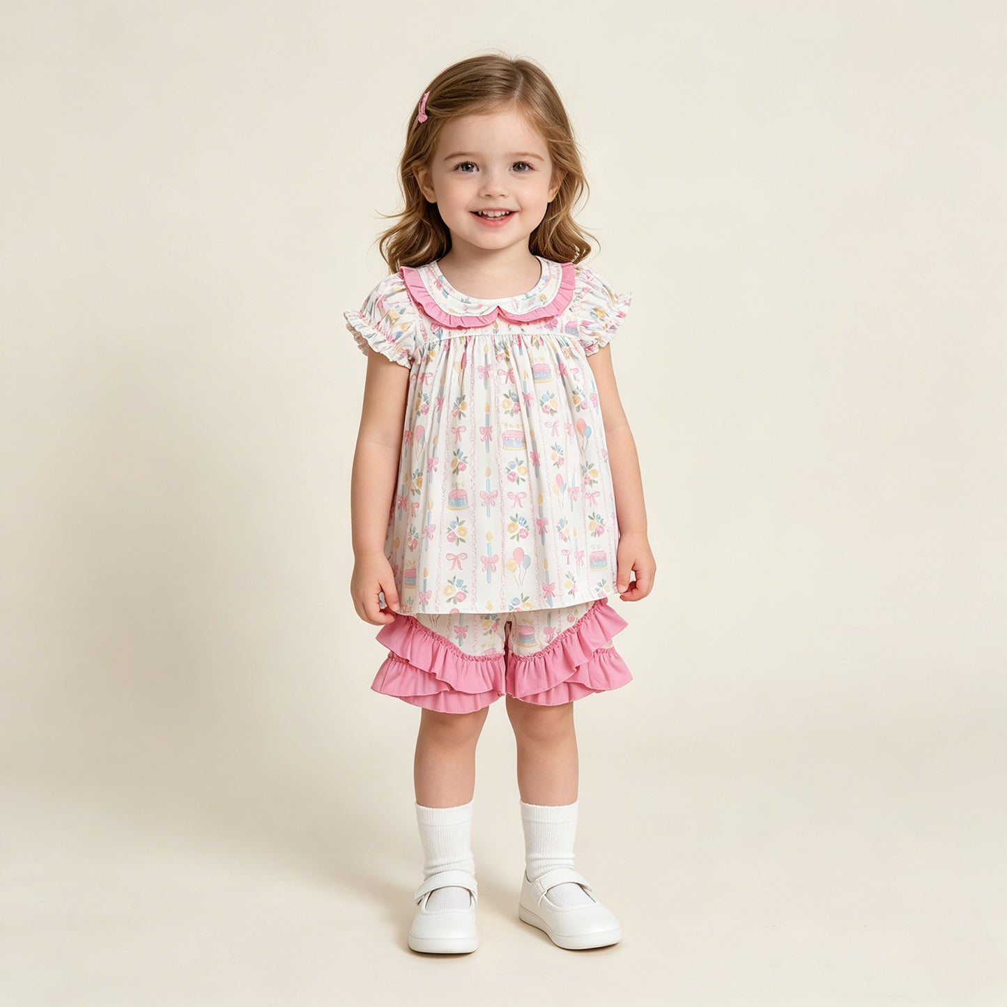 RTS NO MOQ GSSO3445 Baby Girls Summer Stripe Collar Colorful Bow Floral Short Set