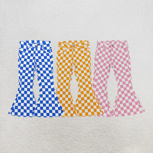 RTS NO MOQ Sibling Baby Girls Checkered Denim Adjustble Waistband Jeans Pants