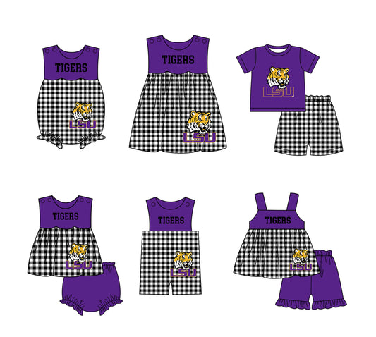 Custom moq 5 mix size milk silk summer teams baby girl boys clothes Purple Black and white checkered short sleeve shorts sets 3 and dress and rompers 2 series