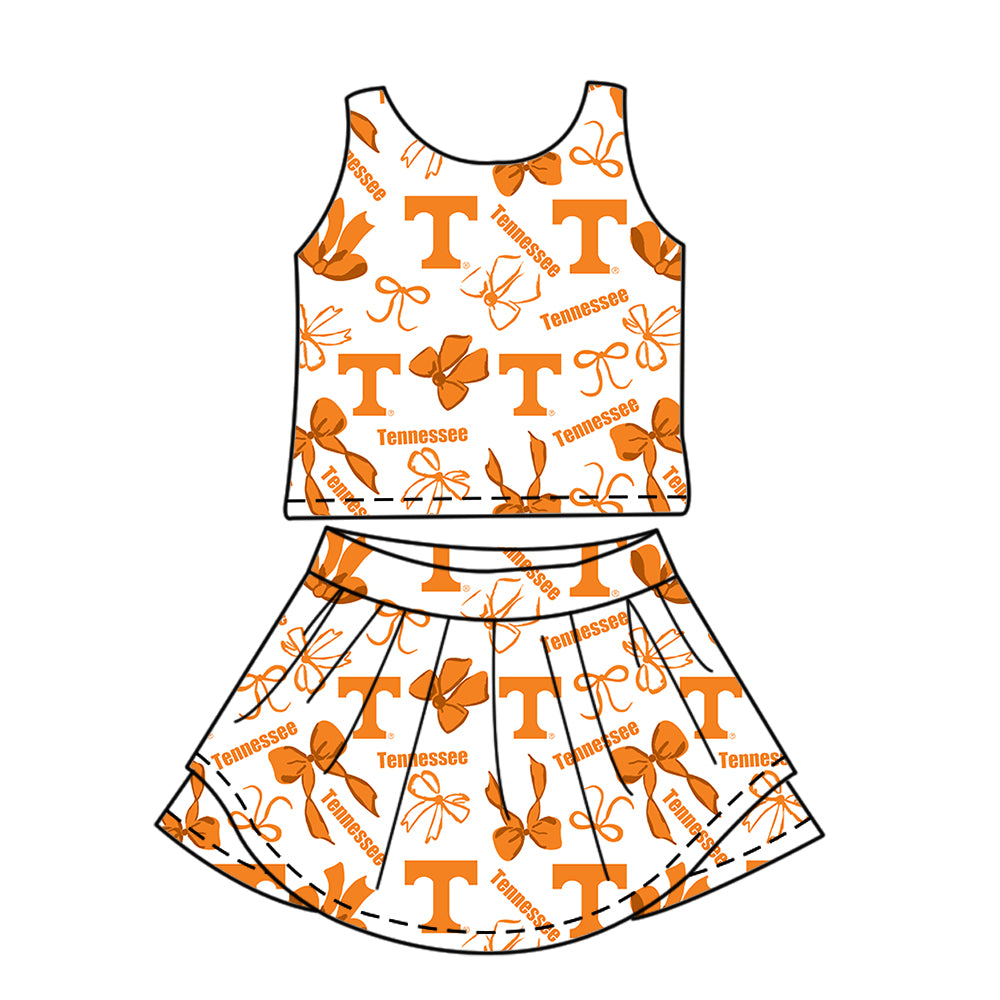 Custom moq 5 mix size milk silk summer teams Baby Girls Orange Bow Vest Top Skirt Shorts Sets Sleeveless Yoga Knee Length Dresses Yoga Shorts