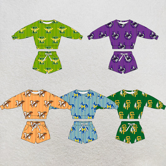 custom moq 5 mix size  XY072108 Baby Kids Stripe Long Sleeve Top Drawstring Shorts Team Casual Set