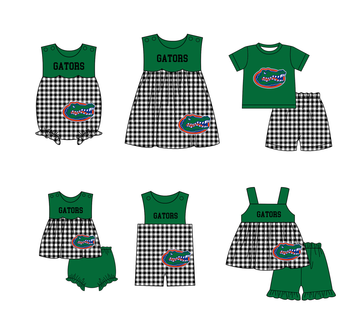 Custom moq 5 mix size milk silk summer teams baby girl boys clothes Green Black and white checkered short sleeve shorts sets 3 and dress and rompers 2 series