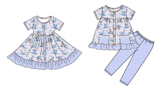 25.9.10 custom each style moq 5eta 4-6week Sibling Sisters duck blue baby girl short sleeve pants sets and dress match family design