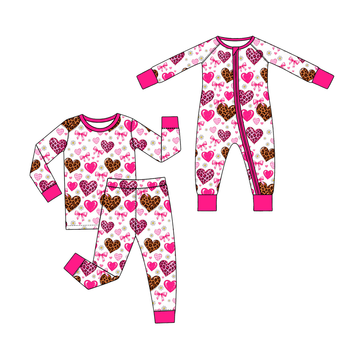 (Preorder new) No moq Baby Girls Pink Leopard Heart Bow Pajama Set Zipper Romper Long Sleeve Sleepwear