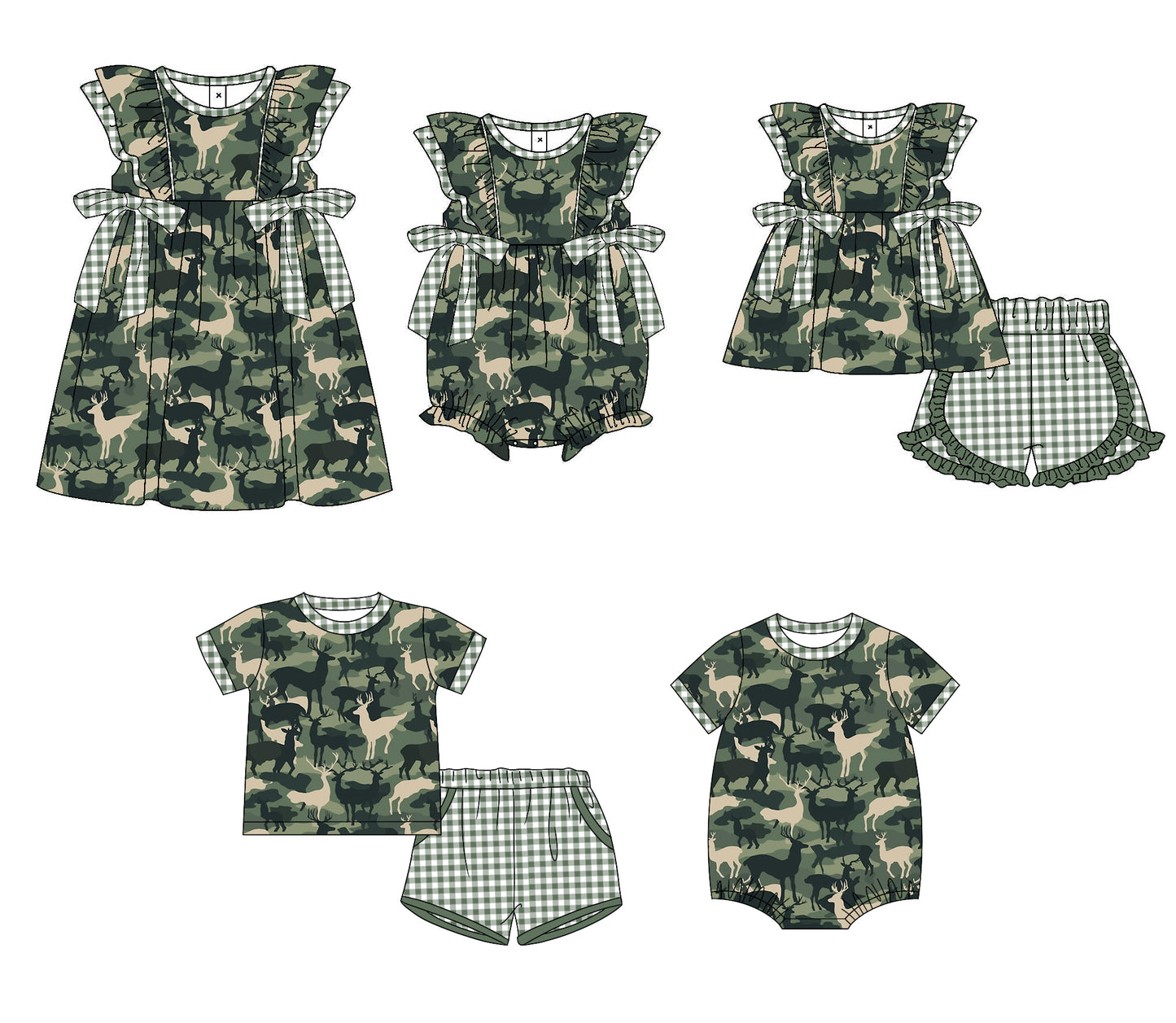 11.9 custom each style moq 5eta 4-6week Sibling Sister deer camouflage baby girl short sleeve shorts sets 1 and  sets 2 and girls romper and boy romper and dress match design