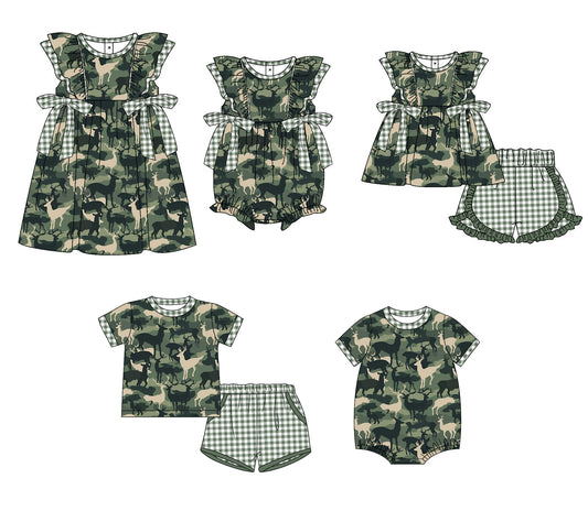 11.9 custom each style moq 5eta 4-6week Sibling Sister deer camouflage baby girl short sleeve shorts sets 1 and  sets 2 and girls romper and boy romper and dress match design