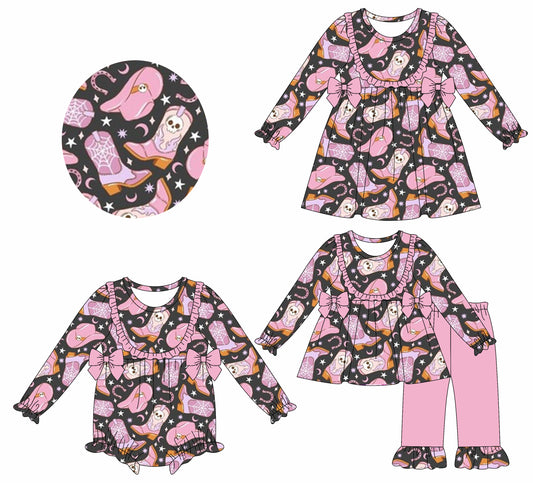 25.7.16 custom each style moq 5eta 4-6week Sibling Sisters halloween boots bow baby girl long sleeve pants sets and dress and rompers match family design