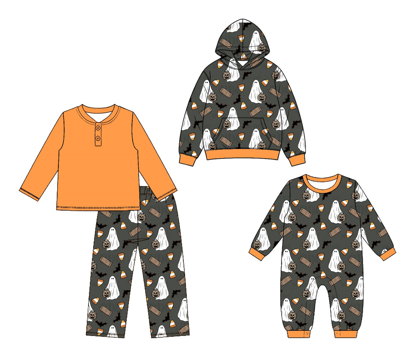 (Preorder new) No moq Baby Boys Halloween Ghost Pumpkin Print Orange Button Front Long Sleeve Top Matching Pants Set Hoodies Top Romper