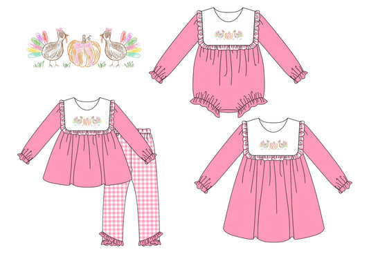 25.6.4 custom each style moq 5eta 4-6week Sibling Sisters pumpkin turkey baby girl long sleeve pants sets and dress and rompers match family design