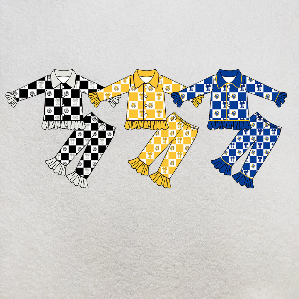 custom moq 5 mix size MSD073008 Baby Girls Checked Bow Print Collared Button Long Sleeve Ruffle Top Flared Pants Pajama Set