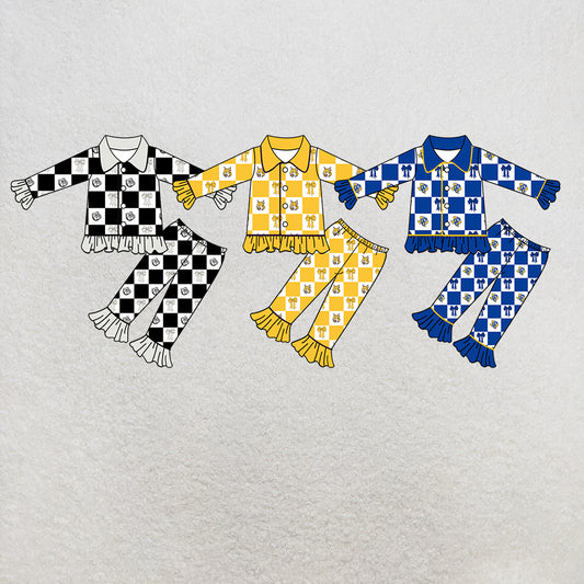 custom moq 5 mix size MSD073008 Baby Girls Checked Bow Print Collared Button Long Sleeve Ruffle Top Flared Pants Pajama Set