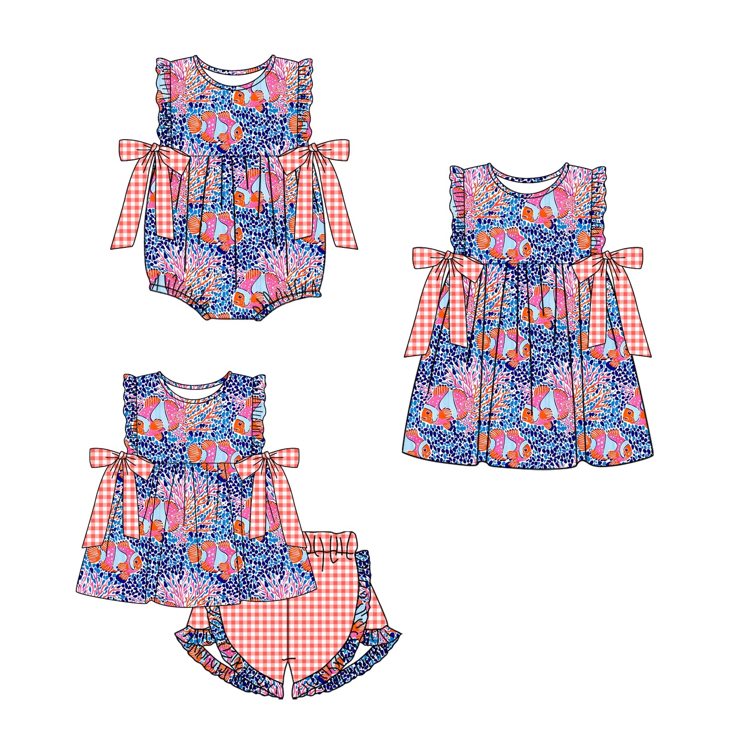 11.15 custom each style moq 5eta 4-6week Sibling Sister fish floral baby girl short sleeve shorts sets and dress and rompers match family design