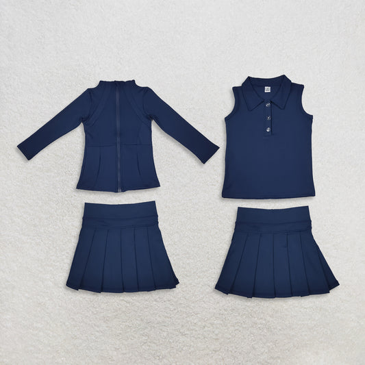RTS NO MOQ Sibling yoga fabric cotton Baby Girls Navy Long Sleeve Zip Jacket Sleeveless Polo Top And Pleated Skort Matching Set