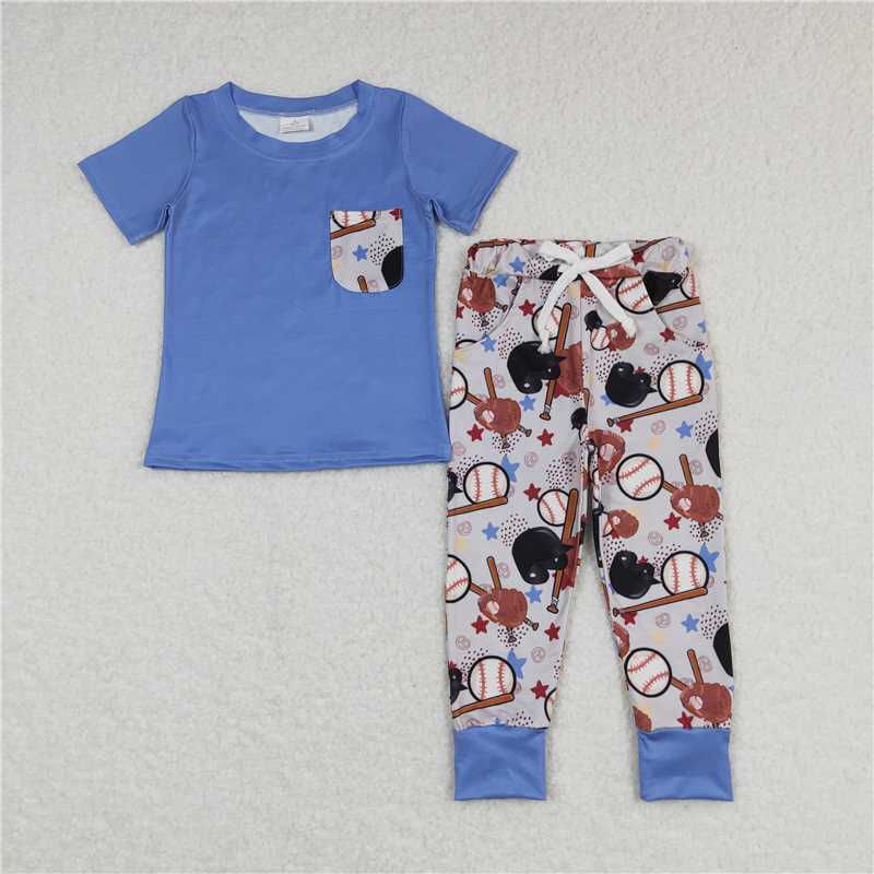 Baby boys Sporty Baseball Print Gray Blue Sibling Rompers Clothes Sets