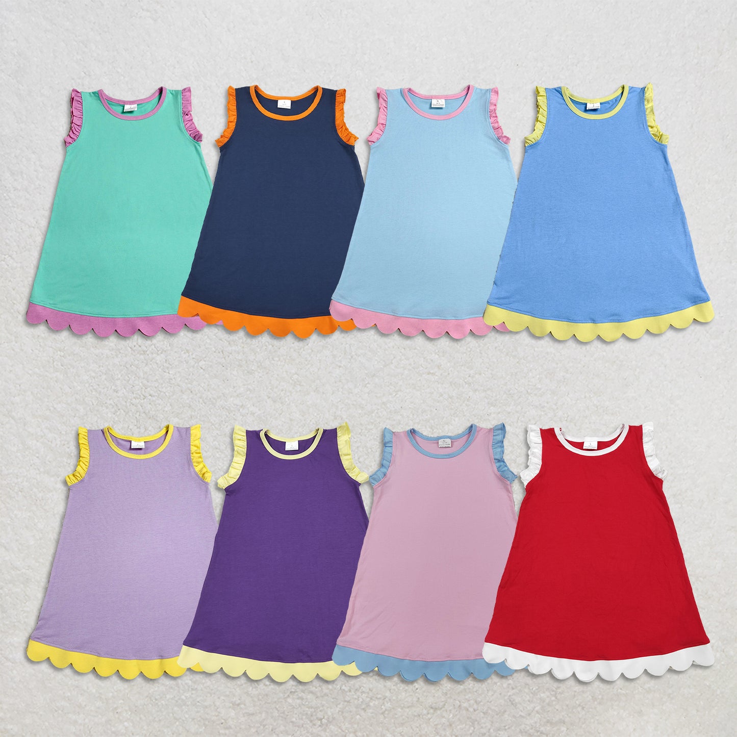 RTS NO MOQ Sibling cotton Baby Girls Solid Sleeveless Scallop Knee Length Skort Dress