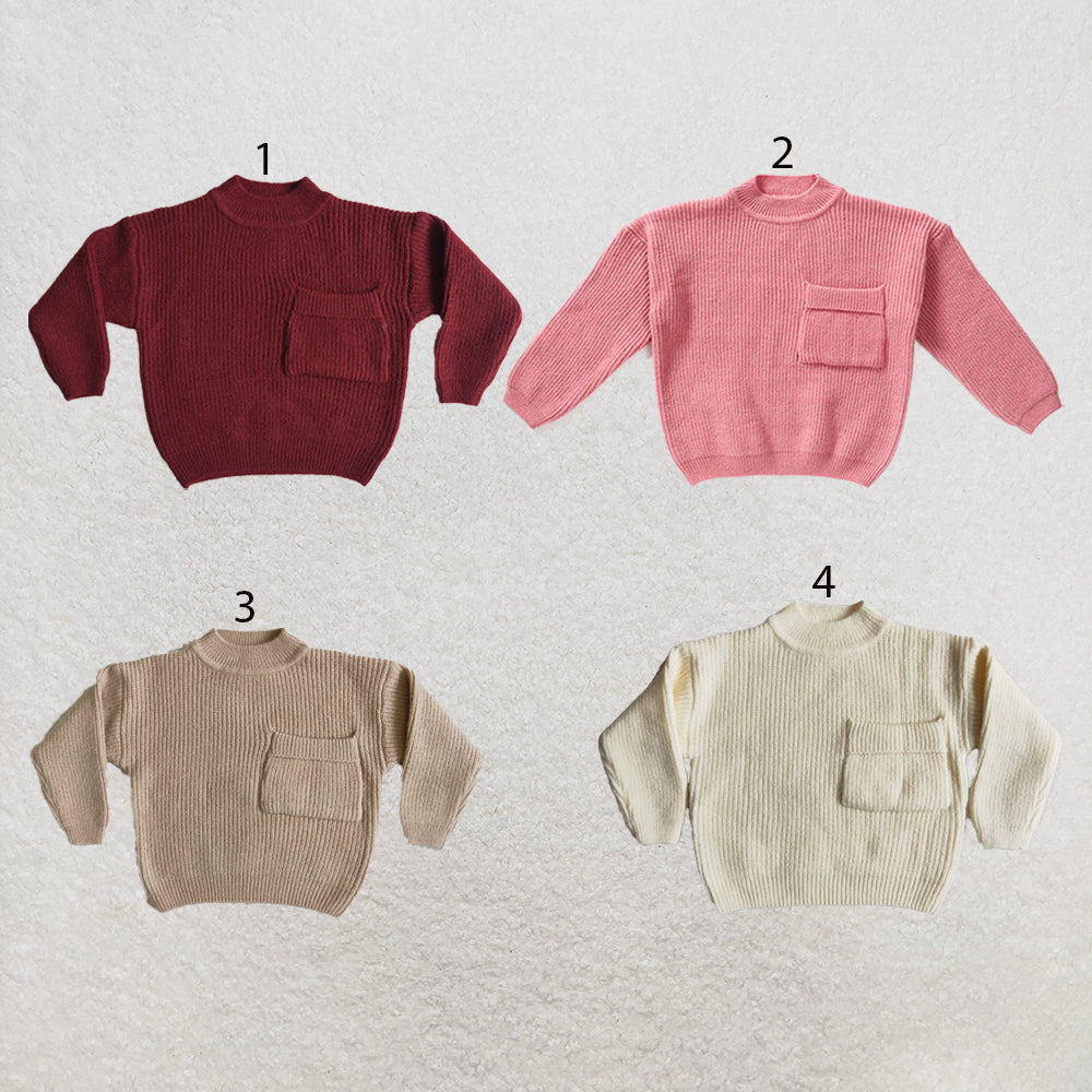 RTS NO MOQ Sibling Sweater Toddler Kids Solid Color Front Pocket Crew Neck Knit Sweater