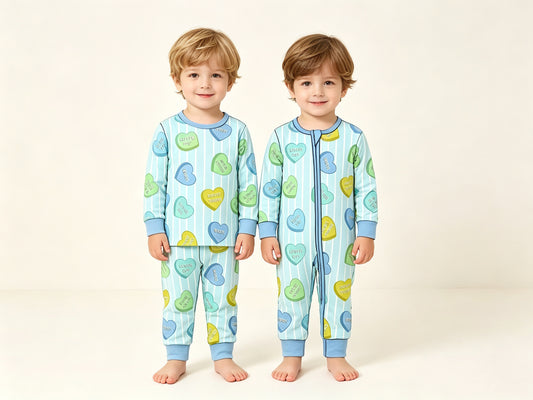 (Preorder new) No moq Baby Girls Valentines Day Candy Heart Stripe Print Long Sleeve Pajama Set Romper Blankets