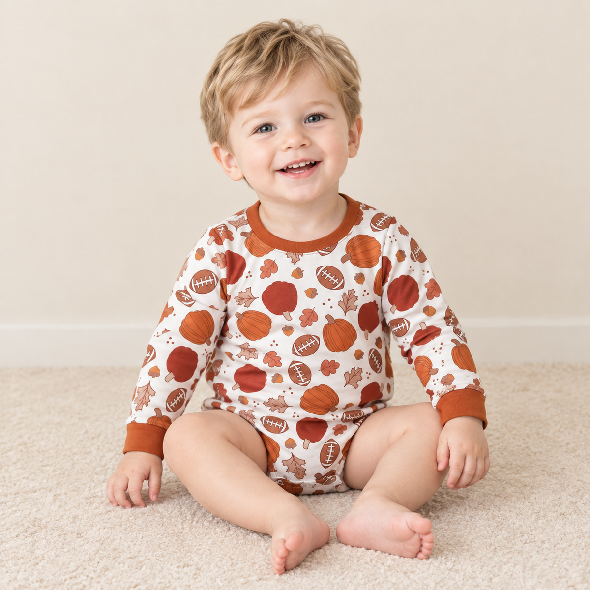 NEW RTS NO MOQ milk silk LR3235 Baby Boys Football Pumpkins Long Sleeve Fall Cute Romper