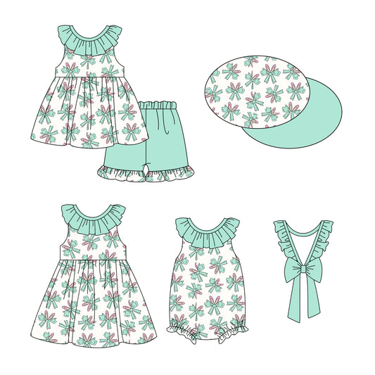 12.27 custom each style moq 5eta 4-6week Sibling Sister floral bow baby girl short sleeve shorts sets and dress and rompers match family design
