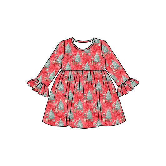 8.6  custom each style moq 5eta 4-6week baby girls clothes Christmas trees long sleeve dress
