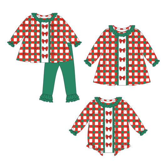 25.8.15 custom each style moq 5eta 4-6week Sibling Sisters Christmas bow baby girl long sleeve pants sets and dress and rompers match family design