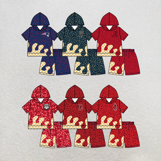 custom moq 5 mix size MSD072508 Baby Kids Sprinkles Drip Team Short Sleeve Hooded Top Shorts Clothes Set
