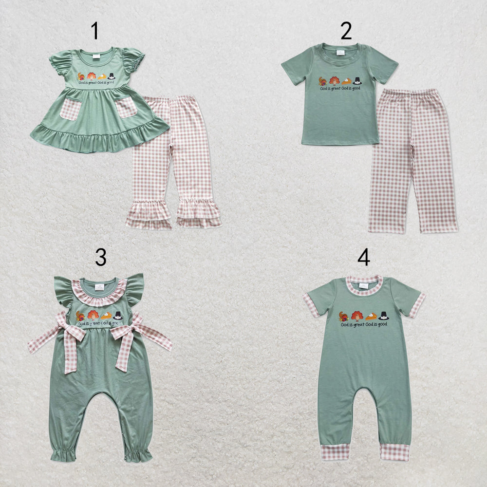 RTS NO MOQ Sibling milk silk Baby Boys Girls Light Green Thanksgiving Turkey Short Sleeve Top Pants Casual Sets Rompers