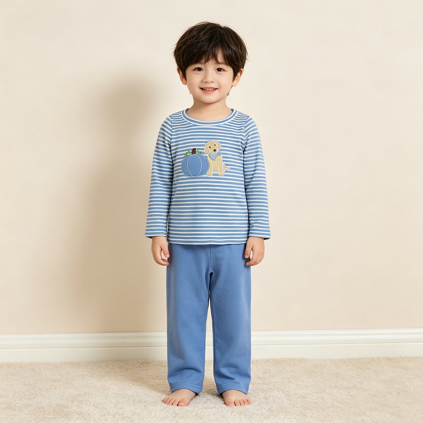 NEW RTS NO MOQ milk silk BLP1500 Embroidery Boys Blue Stripe Pumpkin Dog Print Long Sleeve Top Pant Two Piece Fall Set