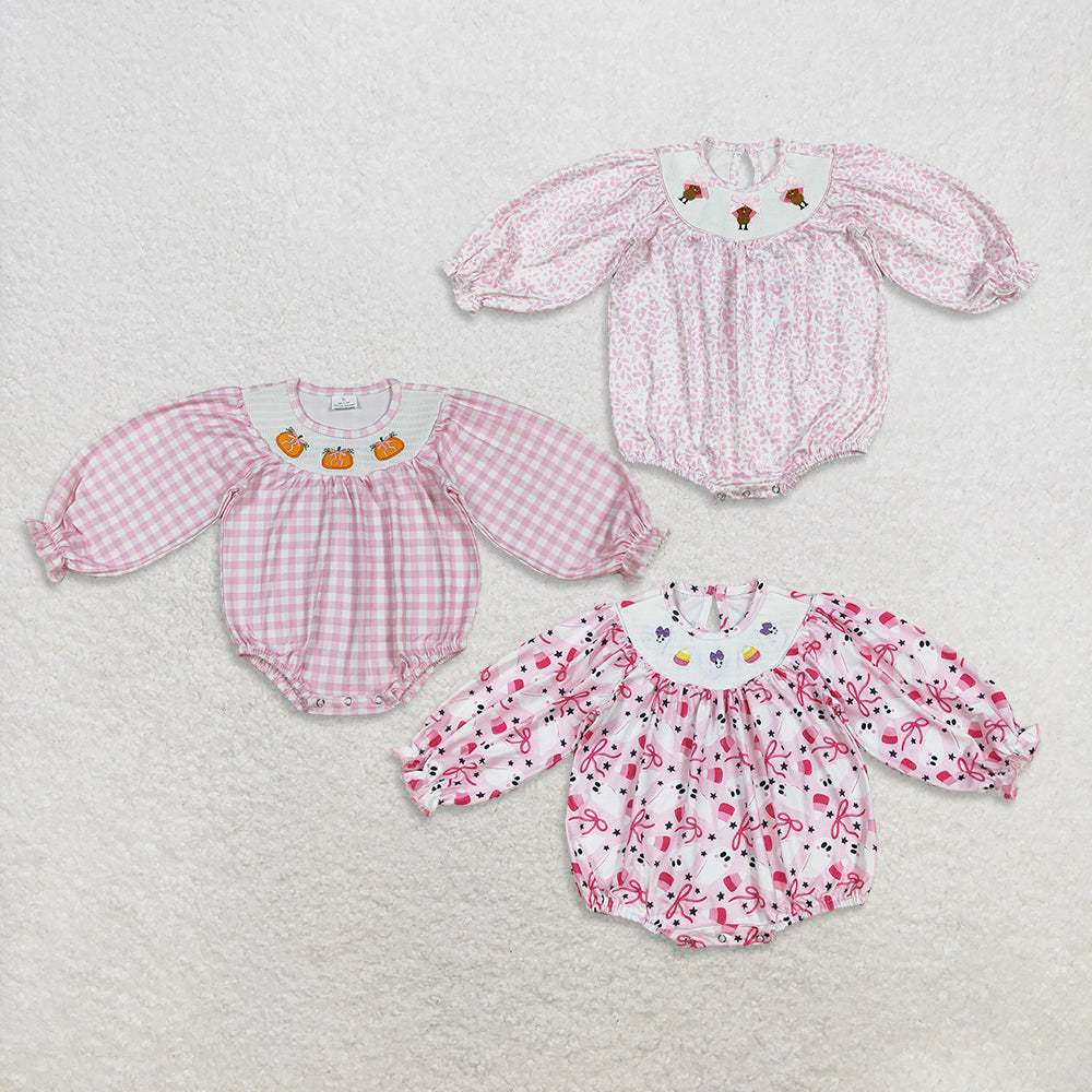 RTS Sibling baby girls clothes smocked embroidery halloween turkey long Sleeve rompers