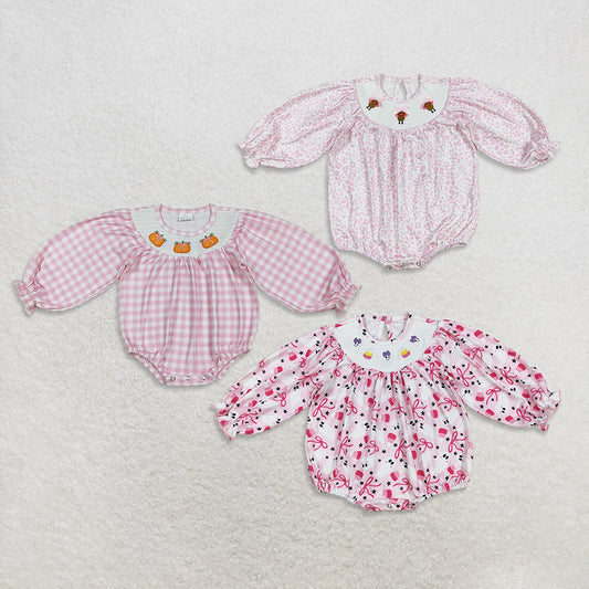 RTS Sibling baby girls clothes smocked embroidery halloween turkey long Sleeve rompers