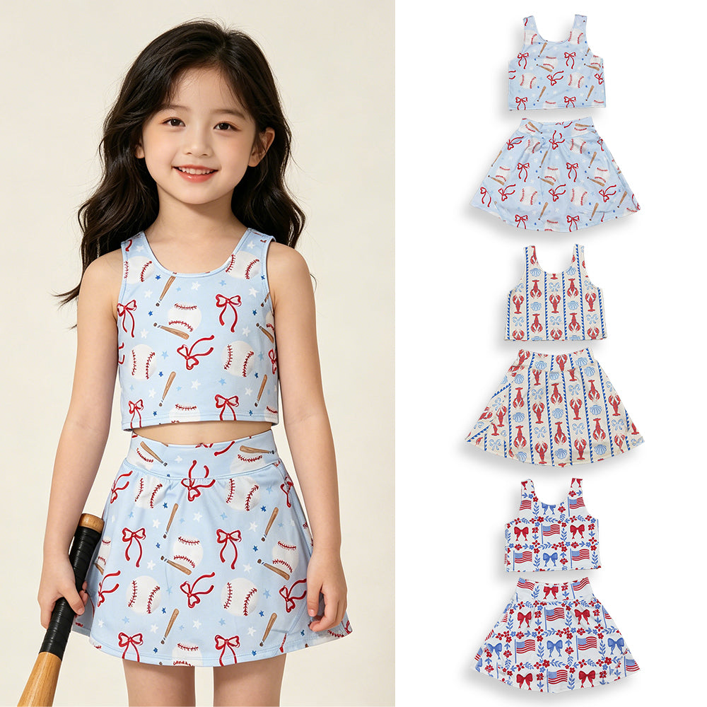 RTS NO MOQ Sibling Baby Girls Flower Flags Vest Skirt Short 4th of July Yoga Active Clothes Sets