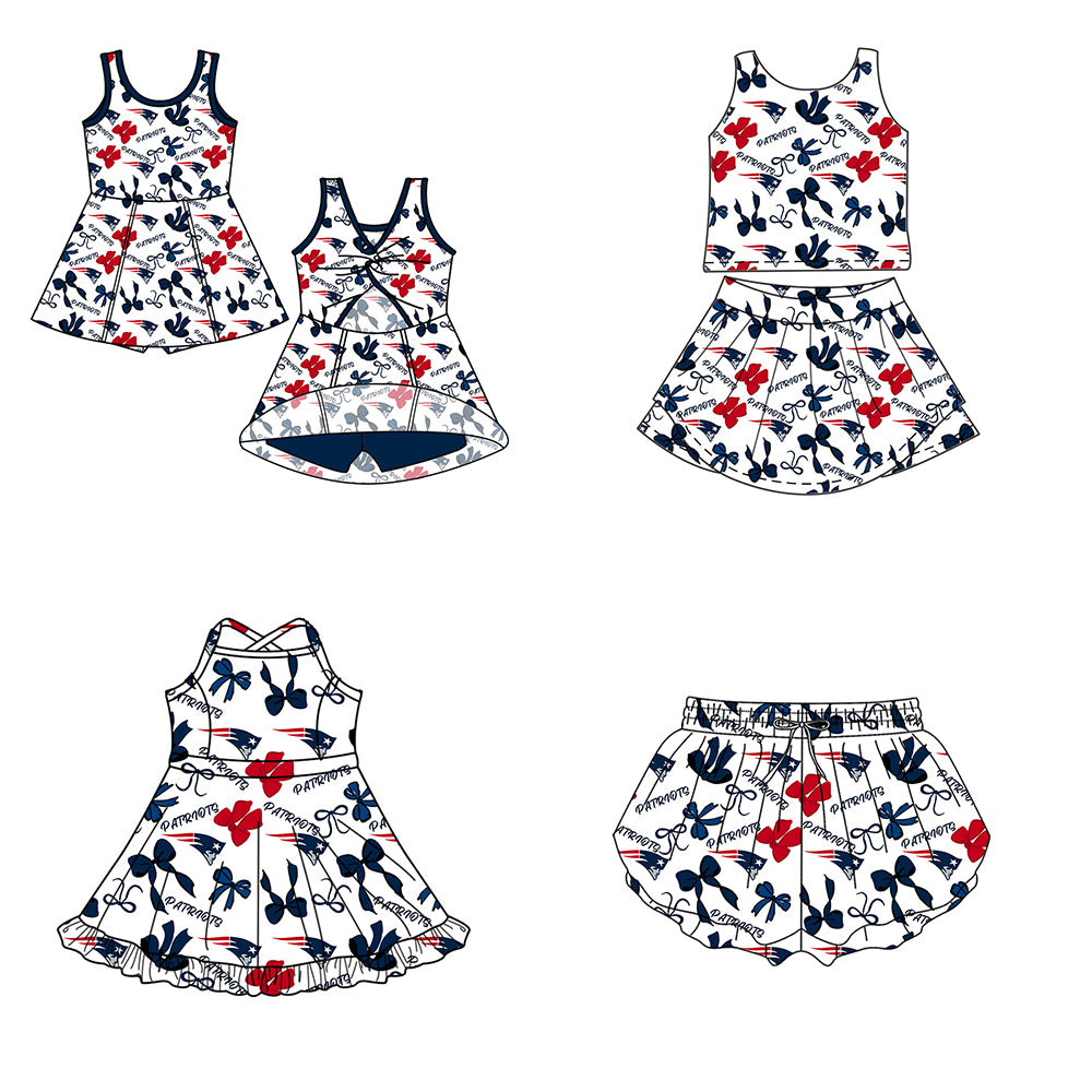 Custom moq 5 mix size milk silk summer teams Baby Girls Navy Blue Red  Bow Vest Top Skirt Shorts Sets Sleeveless Knee Length Dresses Yoga Shorts Yoga Active Outfit