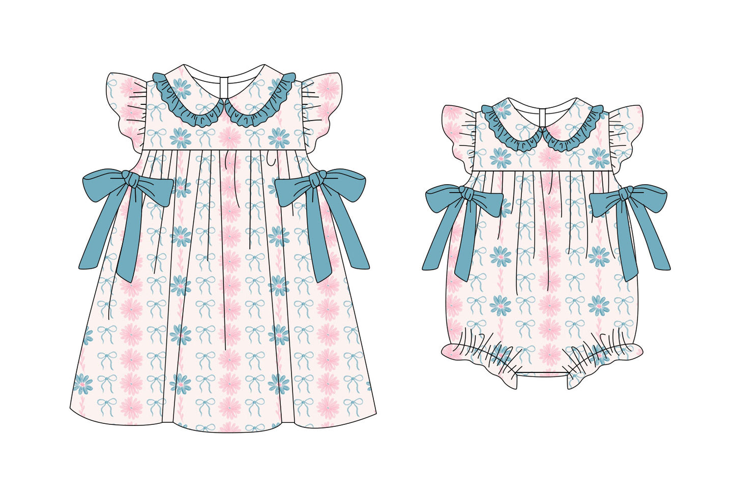 25.11.8 custom each style moq 5 eta 6-8week Sibling Sister bow floral baby short sleeve romper and dress match design