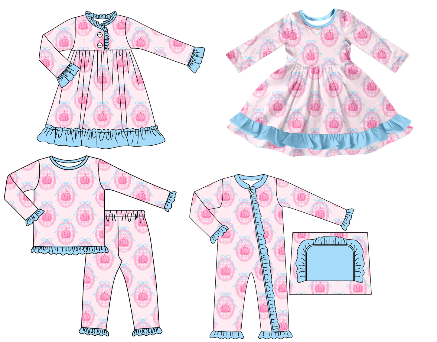 25.7.7 custom each style moq 5 eta 4-6week Sibling Sisters pumpkin baby girl long sleeve pants sets and romper and dress 1 and dress 2 match family design