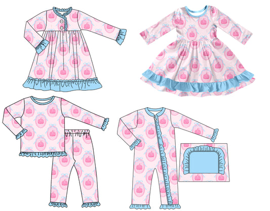 25.7.7 custom each style moq 5 eta 4-6week Sibling Sisters pumpkin baby girl long sleeve pants sets and romper and dress 1 and dress 2 match family design