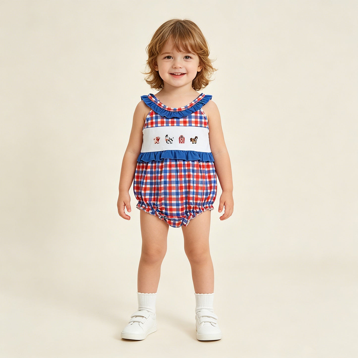 RTS NO MOQ milk silk SR3835 Baby Girls Farm Animal Embroidery Red Blue Checked Ruffle Rompers