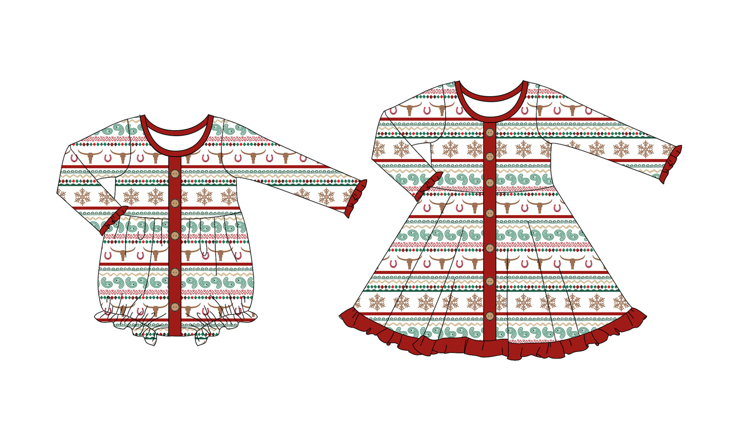 25.7.2 custom each style moq 5eta 4-6week Sibling Sisters cow head baby girl long sleeve dress and rompers match family design