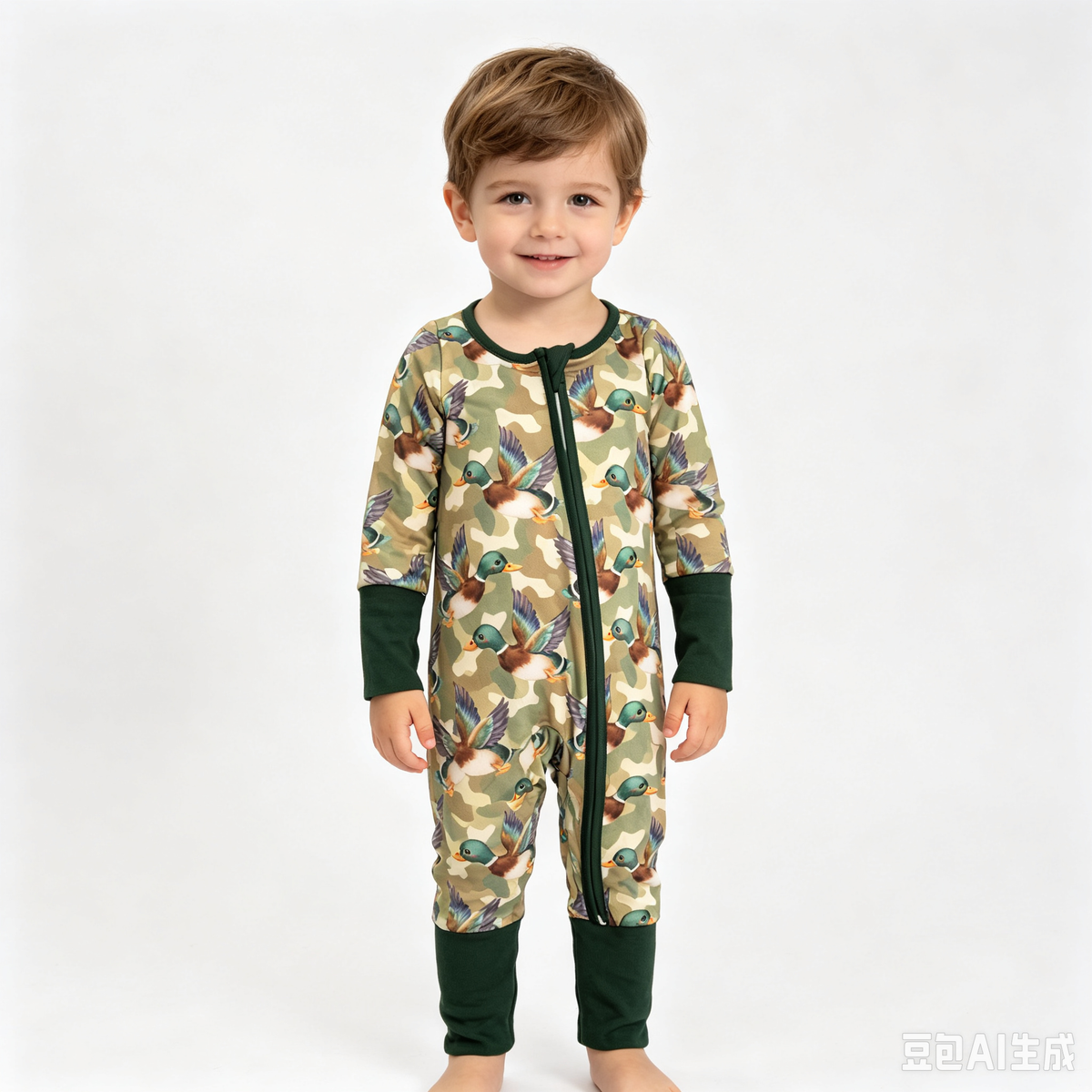 (Sample) No moq milk silk LR3249 Baby Camo Duck Print Long Sleeve Zipper Romper