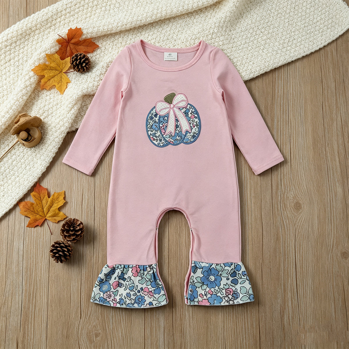 NEW RTS NO MOQ milk silk LR3021 Embroidery Baby Girls Floral Pumpkin Print Casual Long Sleeve Ruffle Romper