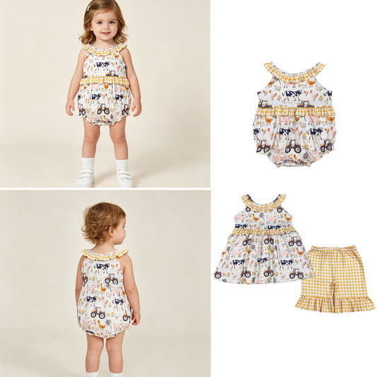 RTS NO MOQ Sibling Baby Girls Cows Trucks Print Sleeveless Tunic Ruffle Shorts Set Collar Ruffle Rompers