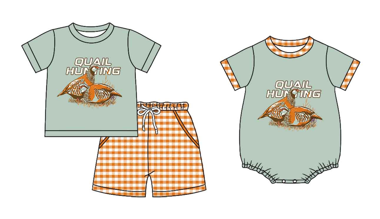 25.12.11 custom each style moq 5 eta 6-8week Sibling Sister HUNTING baby boy short sleeve shorts sets and romper match design